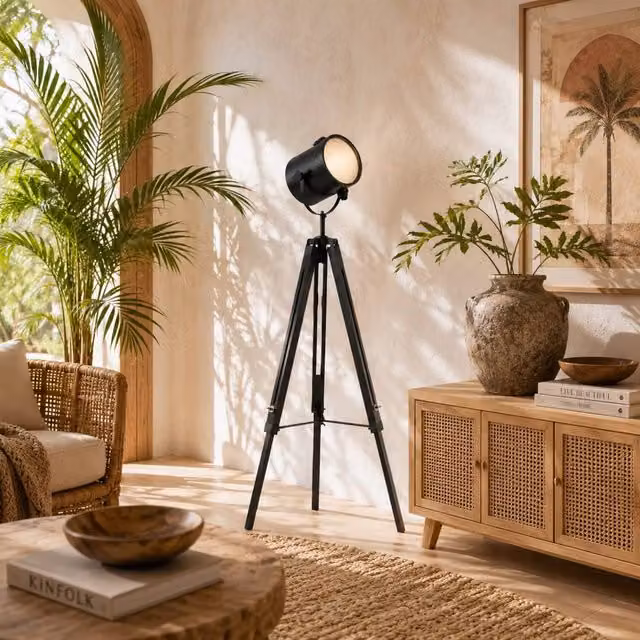 Wyld Haus Suta Industrial Tripod Searchlight Floor Lamp in Black Wood and Metal with Adjustable Head
