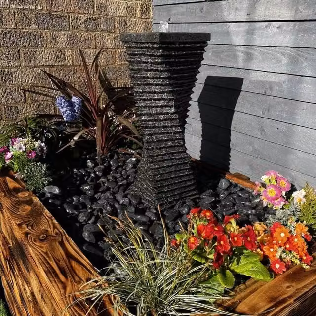 Tranquility Granite Twist Solar Water Column in Grey Natural Stone, Height: 60 cm