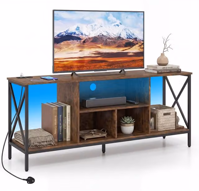 Costway Industrial Entertainment Centre TV Stand with LED Lights and Power Outlets in Brown