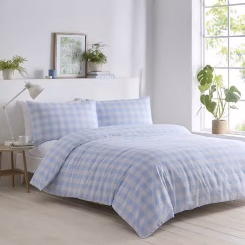 Portfolio Home Blue Gingham Check Double Duvet Cover and Pillowcase Set, W/D/H: 200 x 200 cm and 50 x 75 cm
