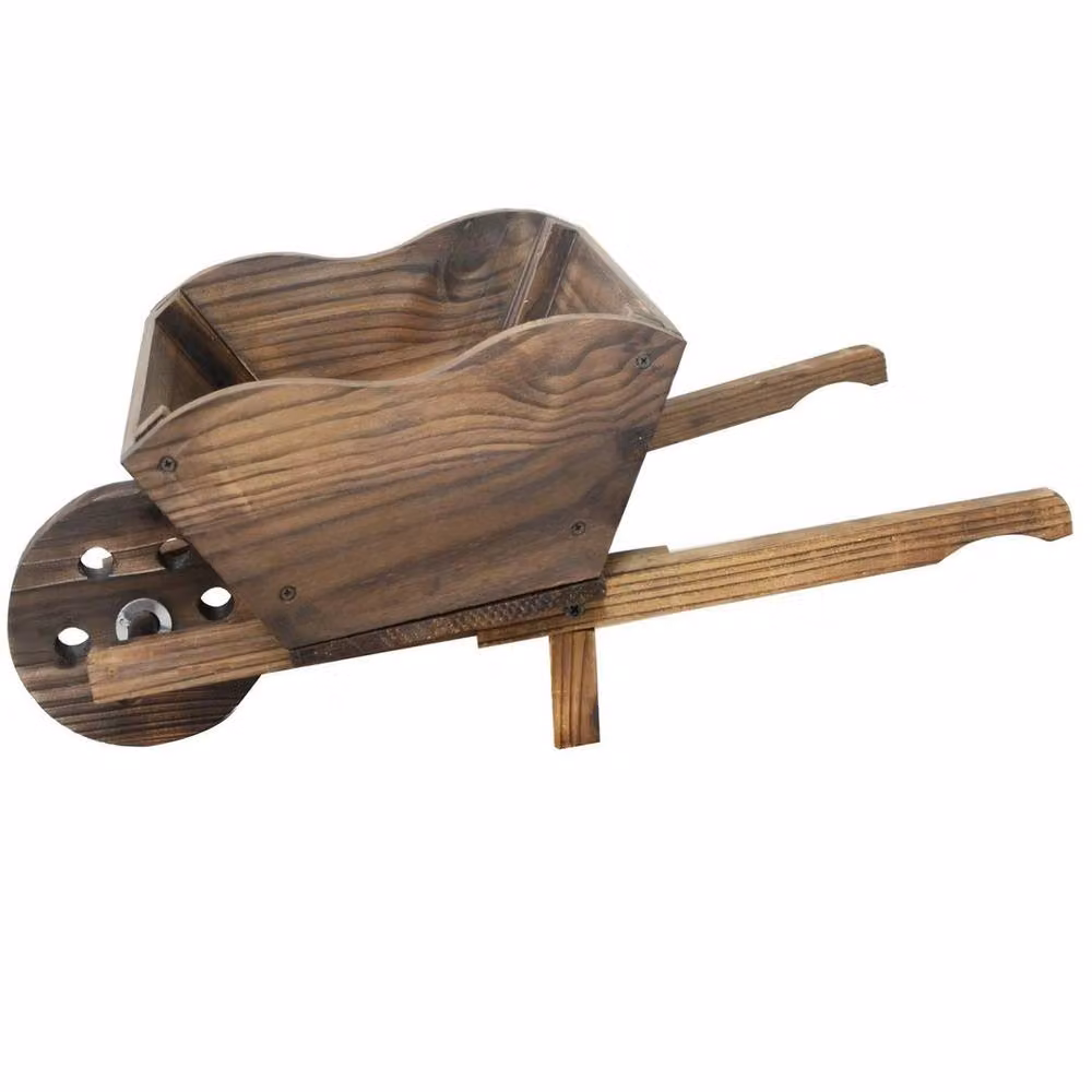 EONLION Brown Wooden Wheel Barrow Planter for Ornamental Garden Use, W/D/H: 38.0 x 21.0 x 14.0 cm – 4