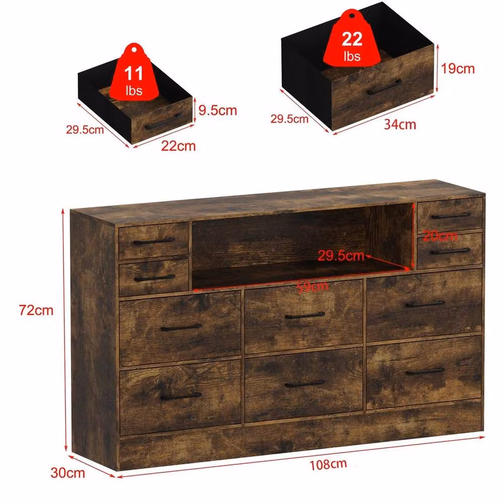 PAWNORA 10 Drawer Chest of Drawers and Bedside Cabinet in Brown, H 108 cm x W 72 cm x D 40 cm – 2