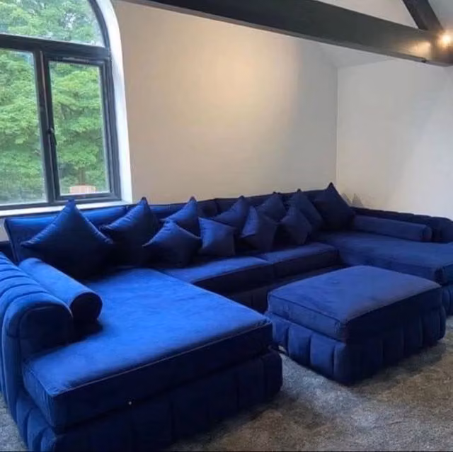 HOB Furniture Oyster Oxford U Shape Chaise Sofa with Matching Ottoman in Mid Navy Blue Velvet – 1