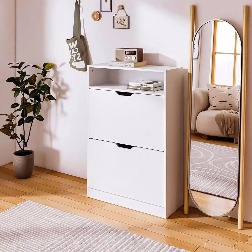 FLAVORA Modern 2 Drawer White Shoe Storage Cabinet with Tilting Compartments and Internal Shelves – 2