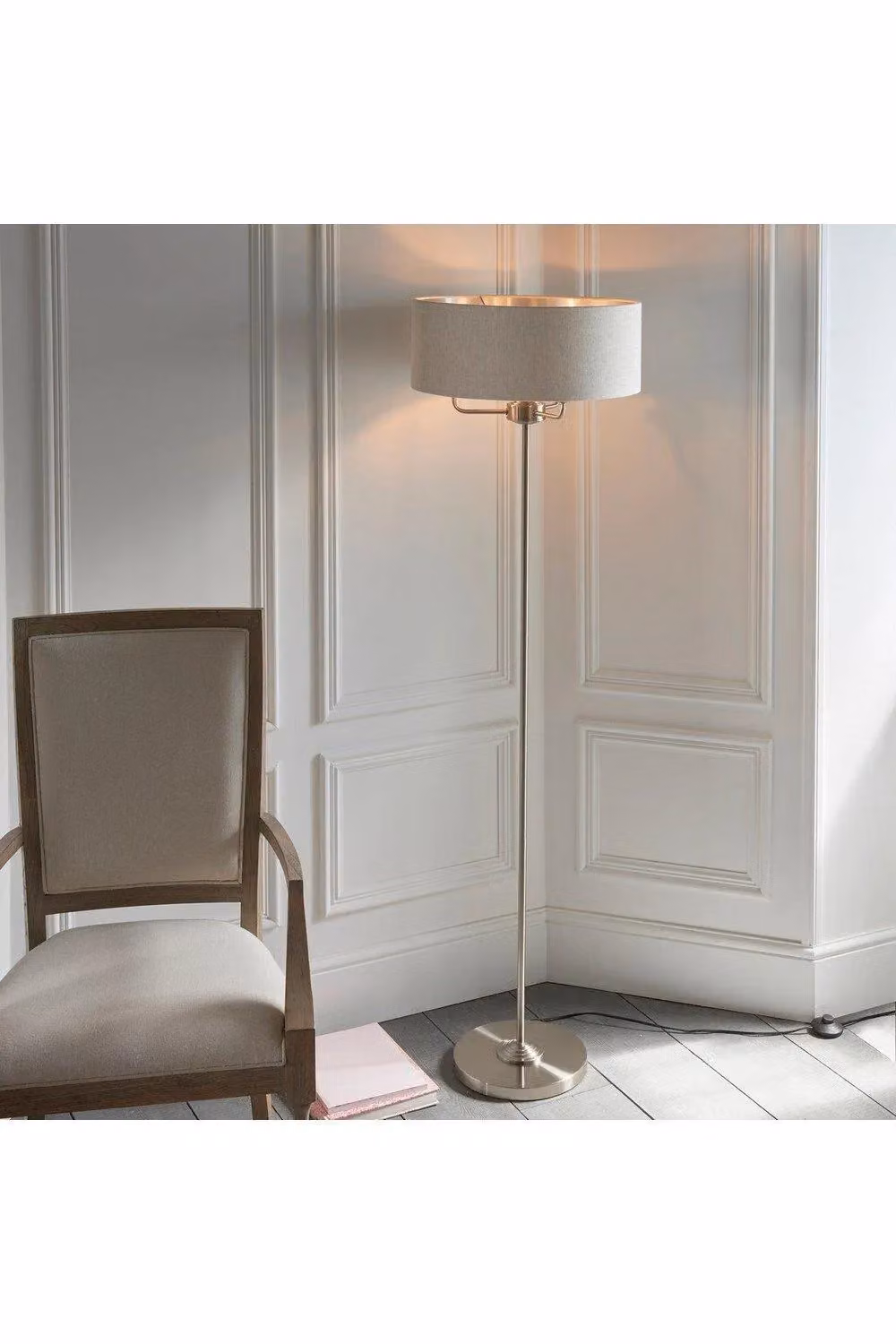 Netlighting Highclere Floor Lamp with Brushed Chrome Base and Grey Natural Linen Shade – 2