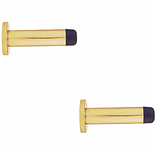 Loops 2 Pack Rubber Tipped Cylinder Doorstop with Rose, Wall Mounted, Polished Brass, 83mm