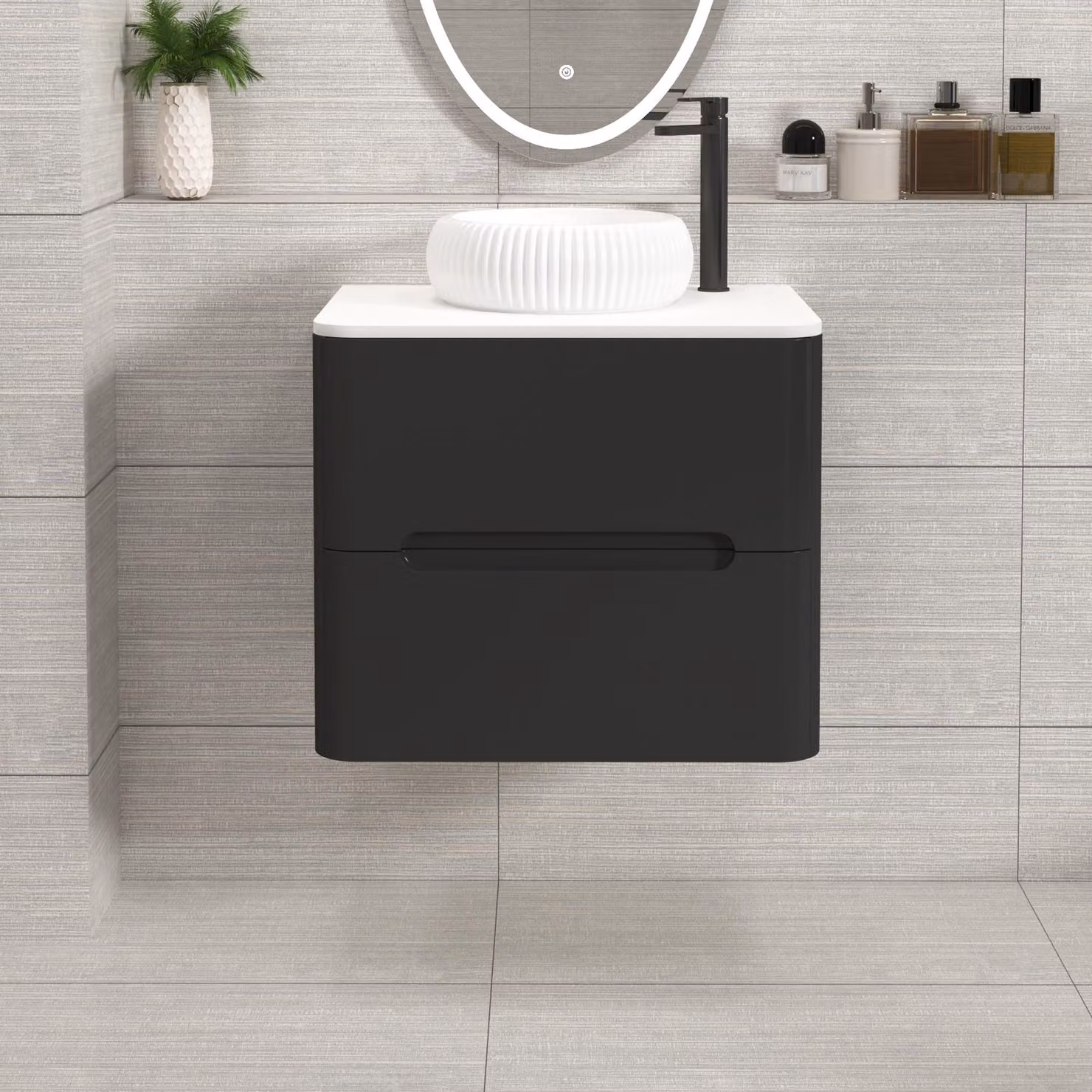 Royal Bathrooms Venice Wall Hung Vanity Unit with Milan Basin, Matt Nocturne Black and Plain White Worktop, 600mm