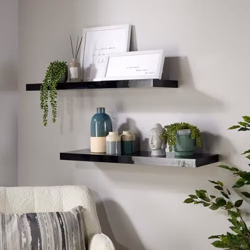 Home Source Pair of Black Glossy Wooden Floating Wall Mounted Storage Shelves, W: 80 cm, D: 38 cm, H: 23.5 cm – 1