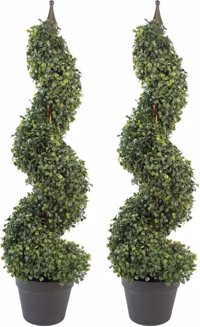Leaf Design UK Pair of Artificial Green Boxwood Spiral Topiary Tower Trees, Height: 90 cm – 5