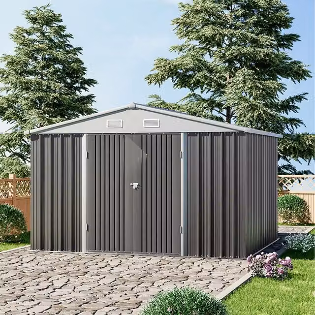 Livingandhome Metal Lockable Garden Shed in Grey and White, W: 317.6 cm, D: 265.6 cm, H: 203.6 cm