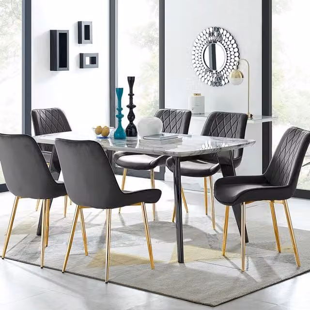 FurnitureboxUK Andria Marble Effect Rectangular Dining Table with Black Legs and 6 Pesaro Gold Velvet Chairs – 1