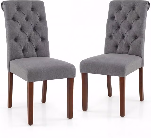 Costway Set of 2 Grey Fabric Button Chairs with Pine and Rubberwood Frames
