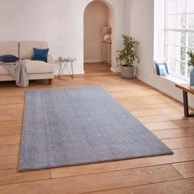 Terrys Modern Plain Blue Rectangular Washable Polyester Rug