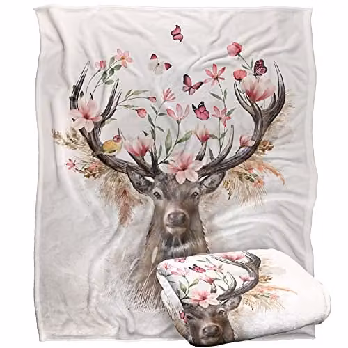 Reinders Floral Deer Silky Touch Super Soft White Fleece Throw Blanket W: 152 cm, D: 127 cm – 1