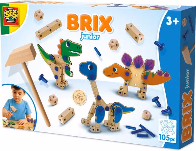 SES Creative Brix Junior Connecting Dinosaurs Wood Toy in Green, Blue, Orange and Multicolour