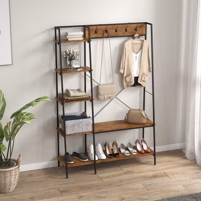 HOMCOM Industrial Hall Tree with 2-Tier Shoe Rack and Bench in Brown