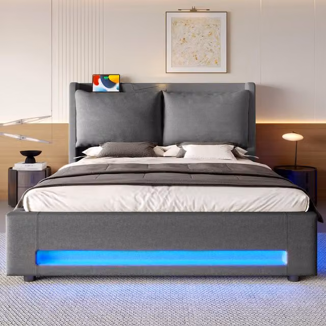 Aosom UK Modern Upholstered Bed Frame with Hydraulic Lift Storage, LED Lighting and Dual USB-C Ports, Dark Grey, W: 152.5 cm, D: 210 cm, H: 114 cm