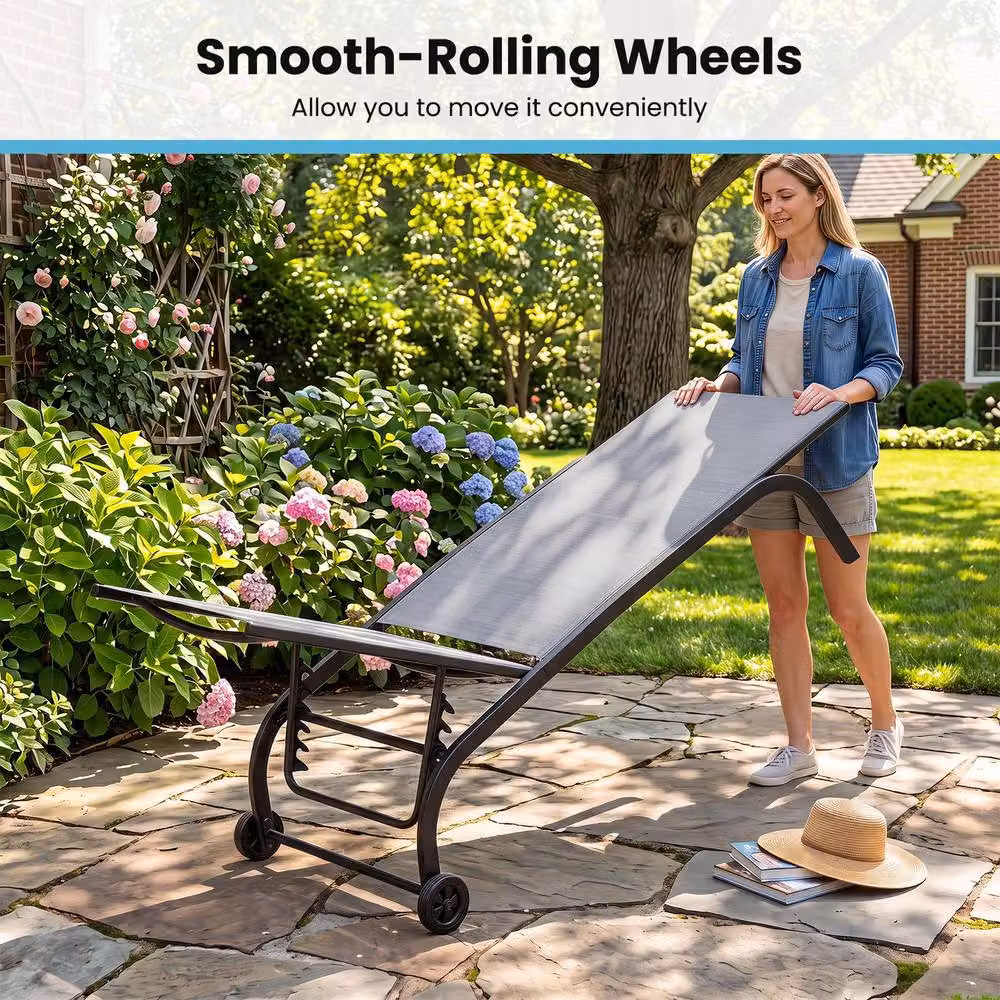 Gymax Set of 2 Grey Outdoor Chaise Lounge Chairs with Wheels and Side Trays – 5
