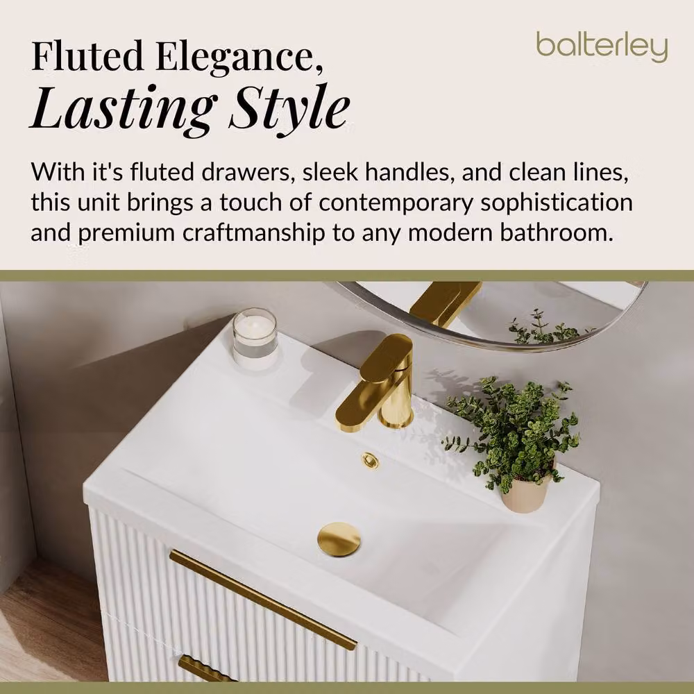 Balterley Fluted Front Wall Hung 2 Drawer Vanity Basin Unit, Satin White, W: 60 cm, D: 54 cm – 2