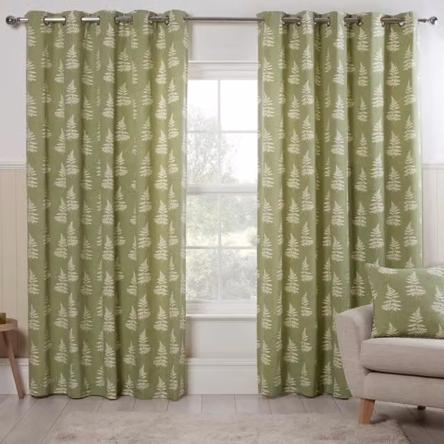 Sundour Esher Green Floral Semi-Transparent Eyelet Curtains W: 117 cm, H: 182.88 cm