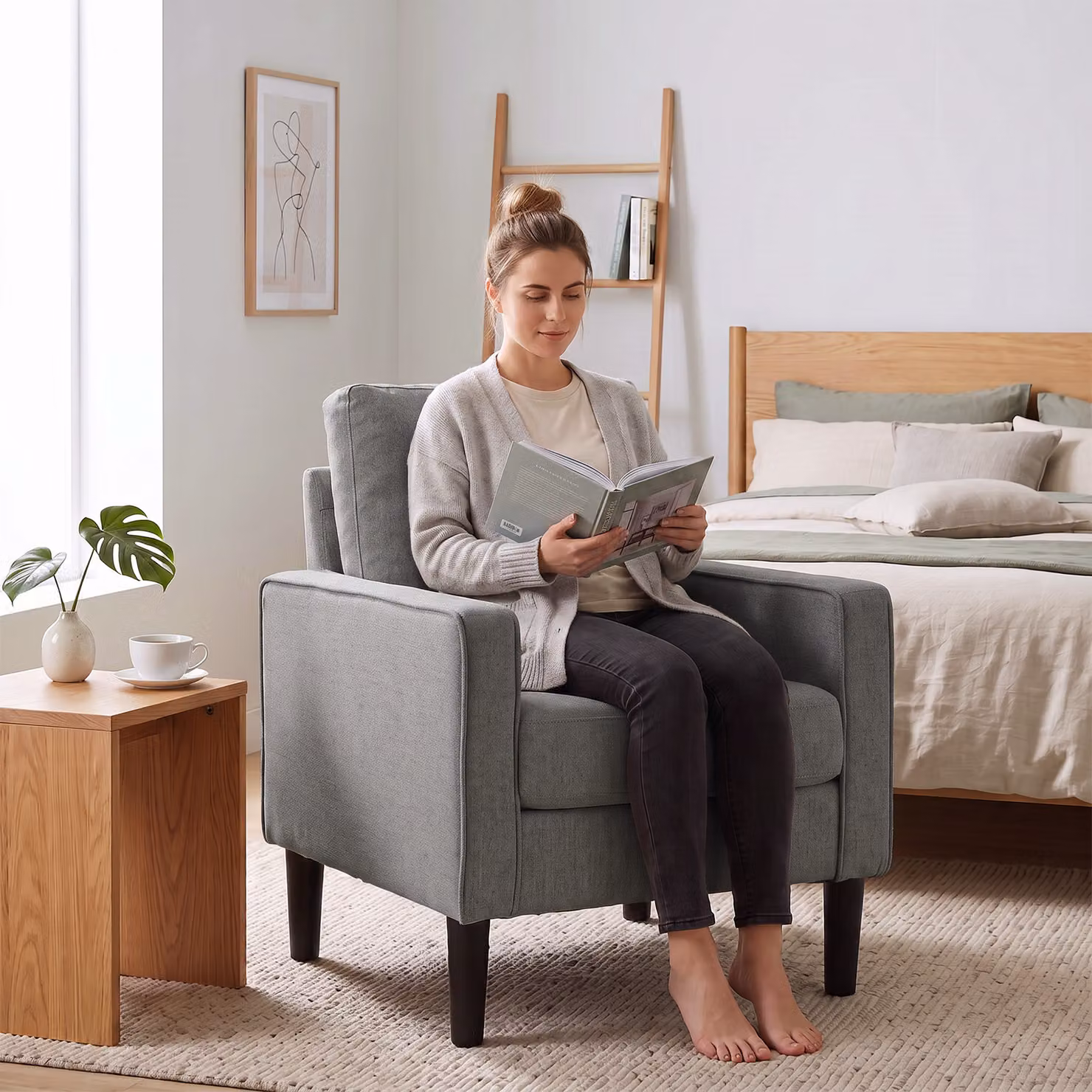 HOMCOM Modern Grey Fabric Accent Chair with Removable Pillow and Spring Cushion, W/D/H: 75 x 45 x 84 cm – 6