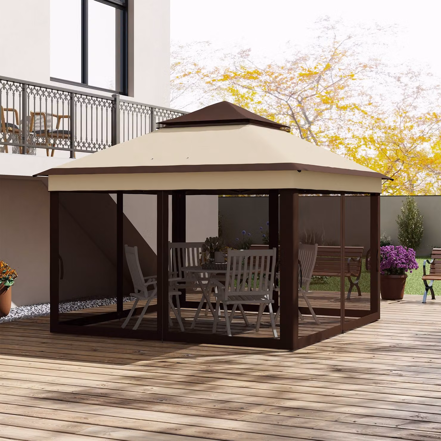 Outsunny Pop Up Gazebo with Netting and Carrying Bag, Beige, W: 300 cm, D: 300 cm, H: 272 cm – 2