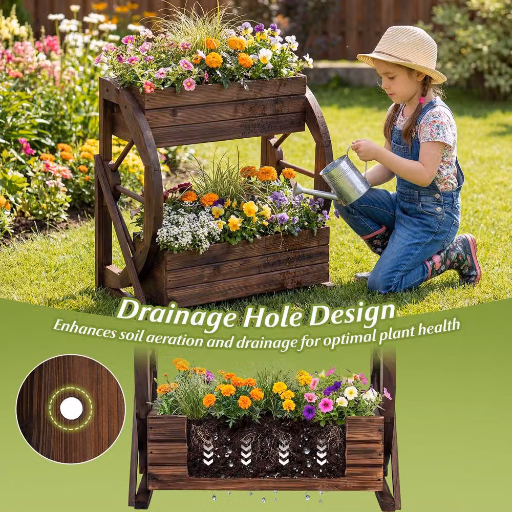 Costway 2-tier Rustic Wood Wagon Planter Raised Garden Bed with Drainage Holes in Brown – 7