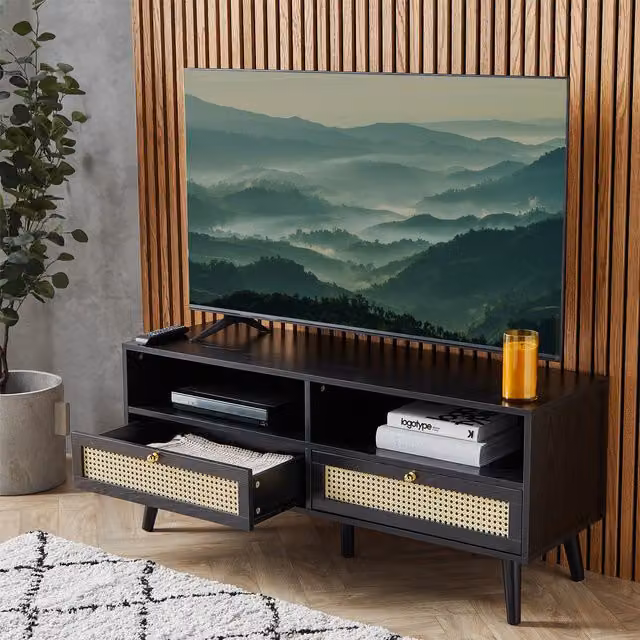 VonHaus Art Deco Black and Gold Rattan TV Unit, W: 120 cm, D: 40 cm, H: 51 cm