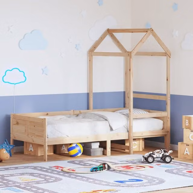 Berkfield Home Rustic Brown Solid Wood Pine Day Bed with Roof for Children, W/D/H: 80 x 200 cm – 1