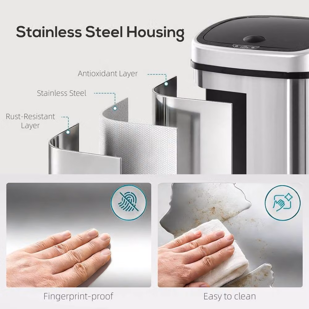KORVIXA 48L Sensor Dustbin, Silver Stainless Steel Automatic Touchless Trash Can – 4
