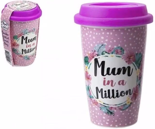 KDMD Pink Mum Design Double Walled Porcelain Mug with Lid, 320ml