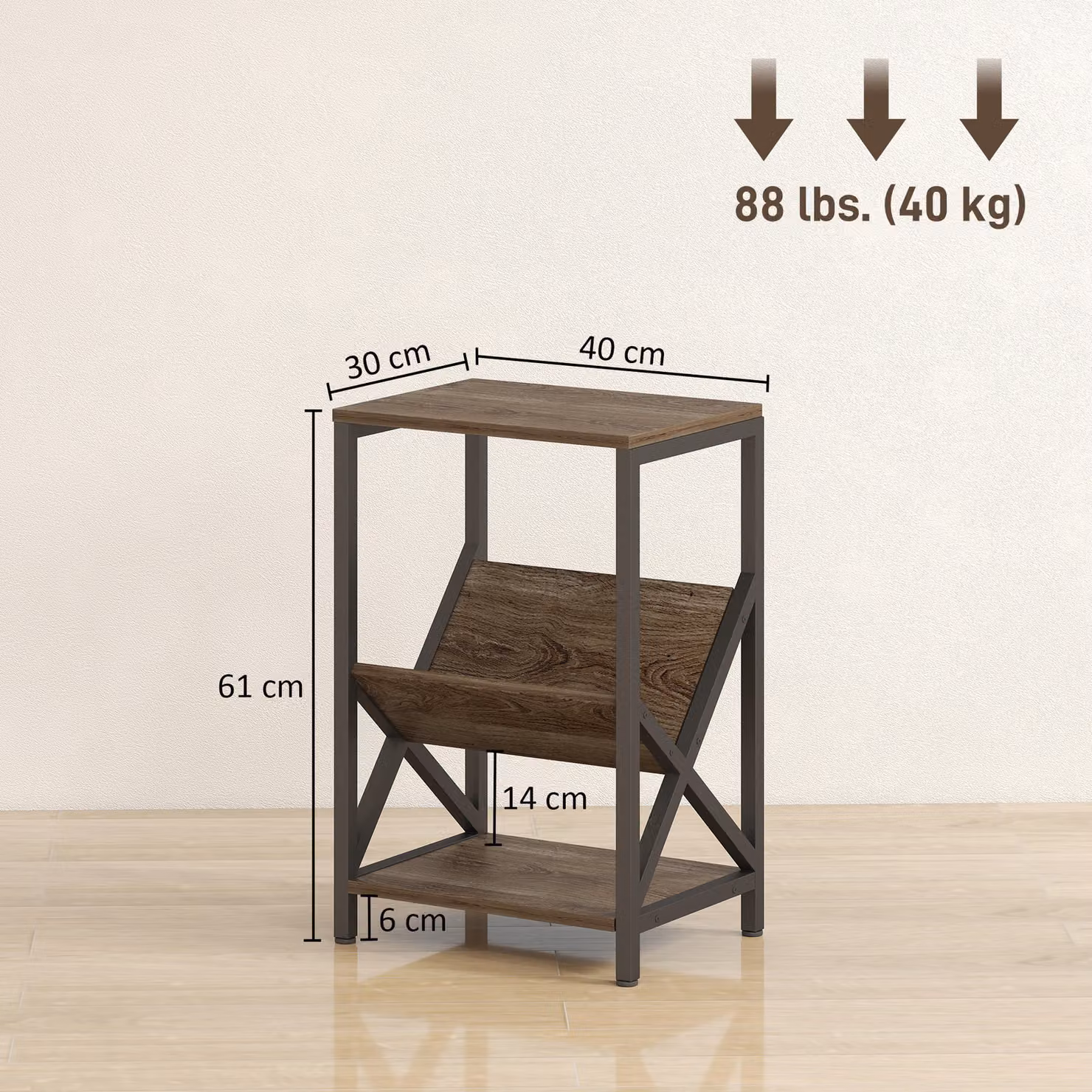 HOMCOM Narrow Side Table with 3-Tier Storage and V-Shaped Magazine Holder, Brown and Black, W/D/H: 40 x 30 x 61 cm – 3