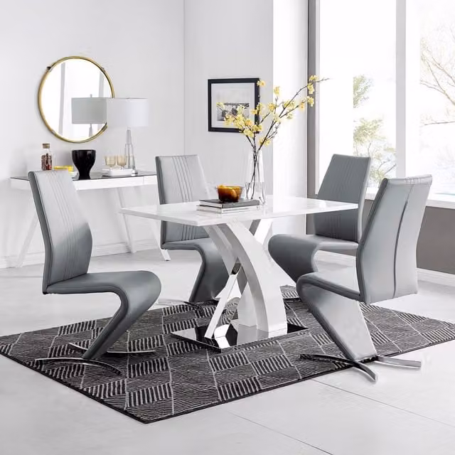 FurnitureboxUK Atlanta White High Gloss Rectangular Dining Table and 4 Willow Grey Dining Chairs Set