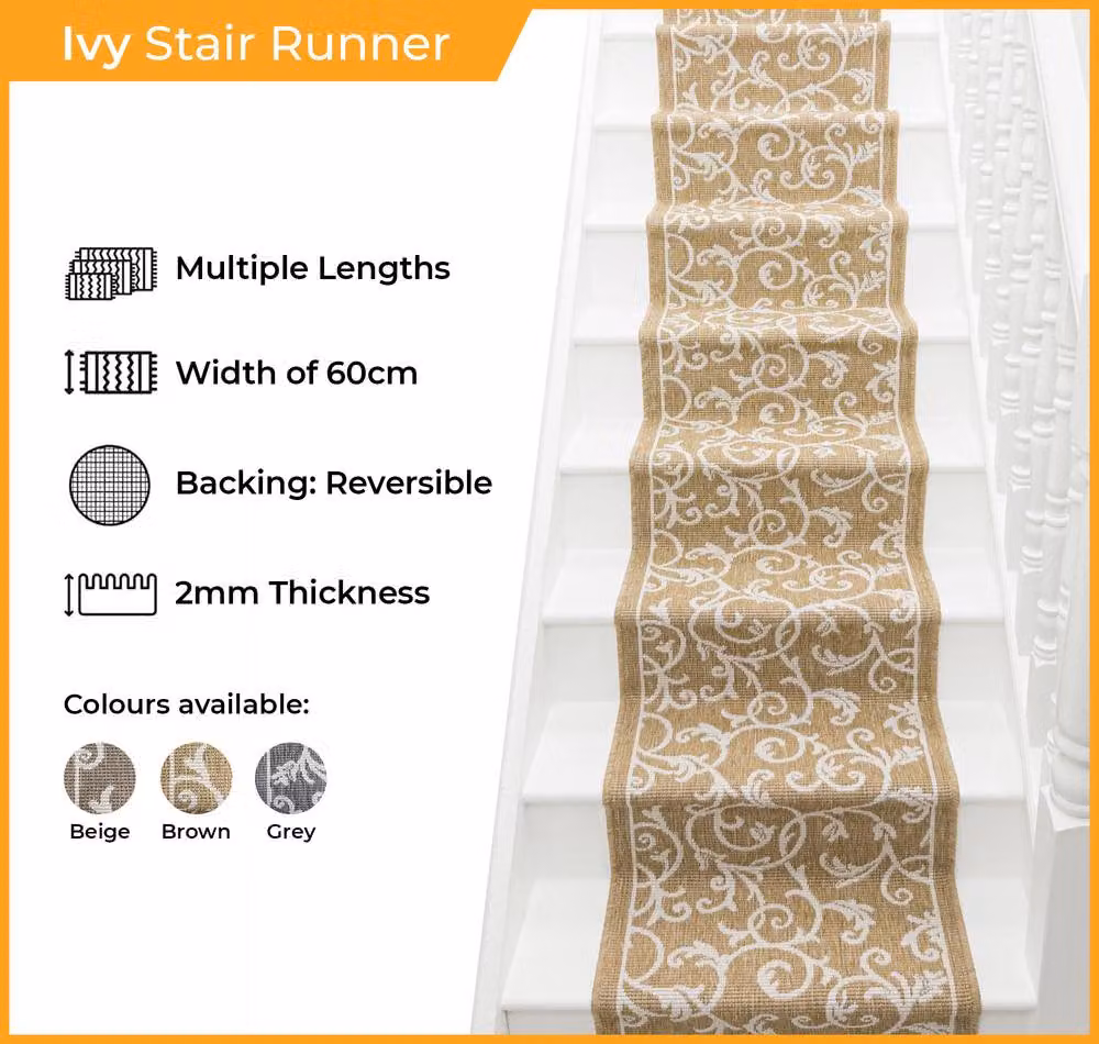 runrug Ivy Reversible and Durable Stair Runner Carpet in Beige, W: 60 cm x L: 570 cm – 2