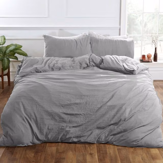 Brentfords Washed Linen Look Microfibre Duvet Cover Set with Pillowcases, Silver/Grey, Single, Duvet Cover: 90 x 200 cm