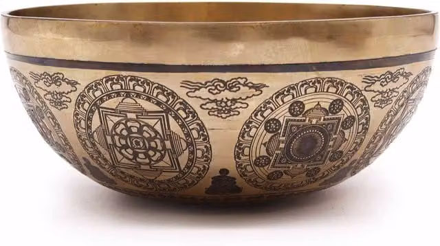 KDMK Gold Tibetan Healing Engraved Bowl with 7 Chakra and Flower of Life Design, Diameter: 21 cm