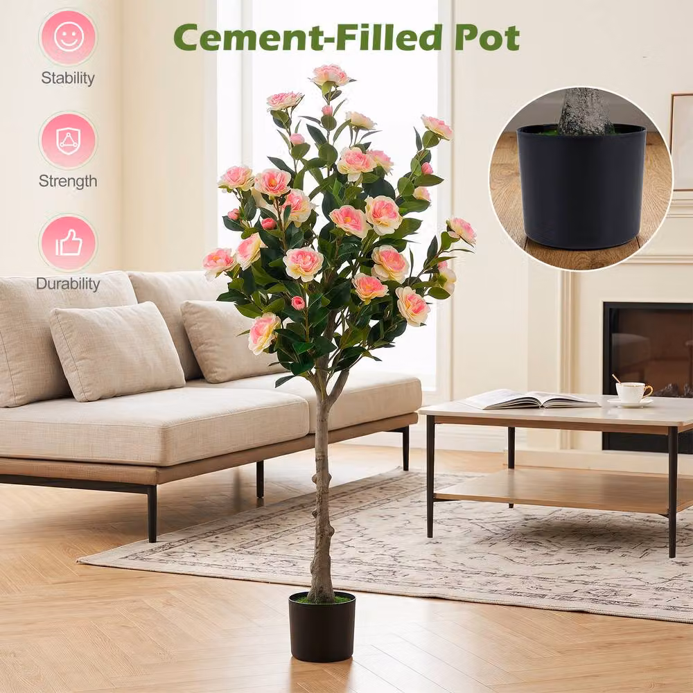 Costway Artificial Camellia Tree Faux Greenery Plant in Green and Pink – 4