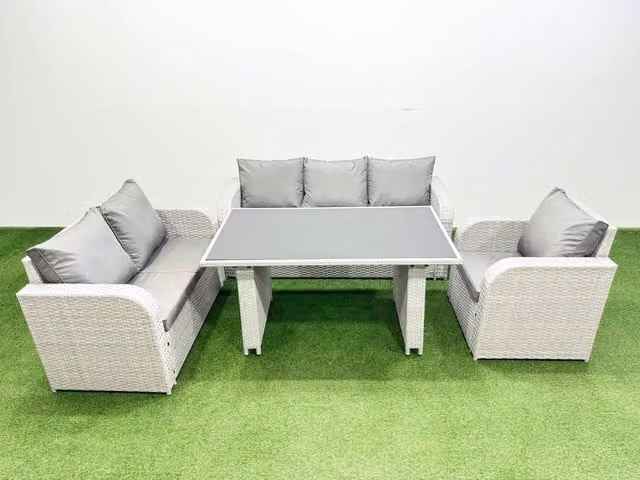Fimous 6 Seater Rattan Outdoor Table and Reclining Chair Sofa Set in Light Grey
