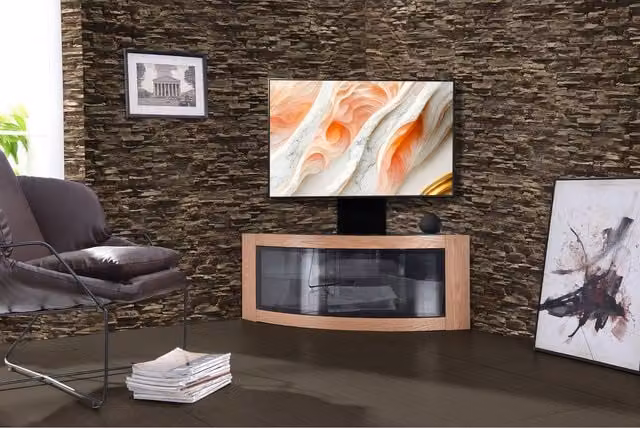 Pangea Minimalist Corner TV Stand with Mounting Arm in Black and Glossy Oak with Glass Details