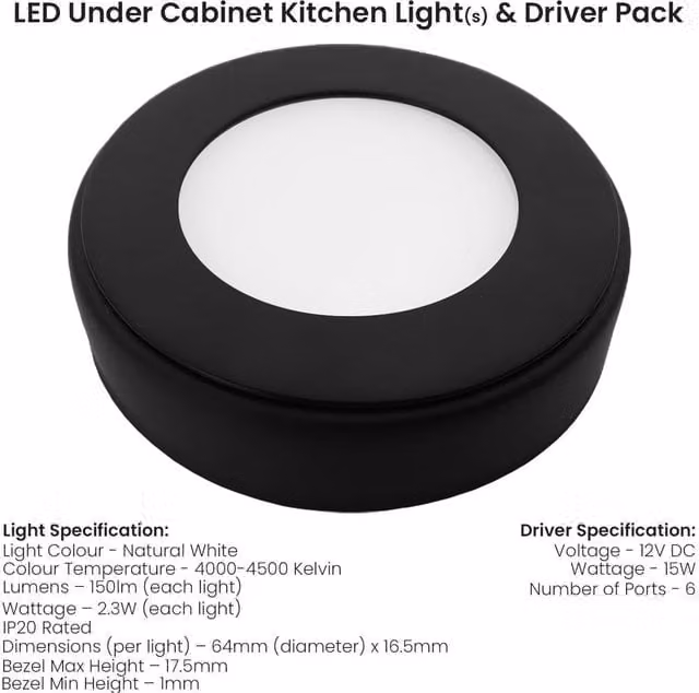 Loops 6-Piece Matt Black Round LED Under Cabinet Kitchen Light and Driver Kit with Natural White Light – 1