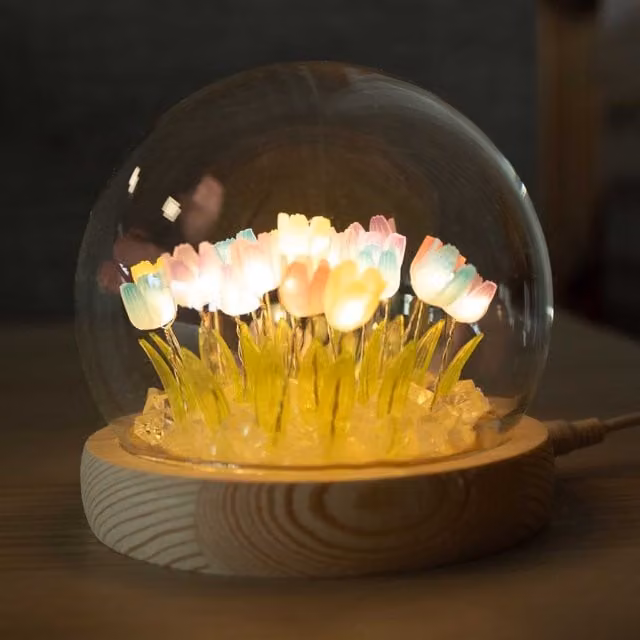 KDMK Floral Glow Garden Dome with 20 Multi-coloured Tulips and LED USB Light, Multicolour