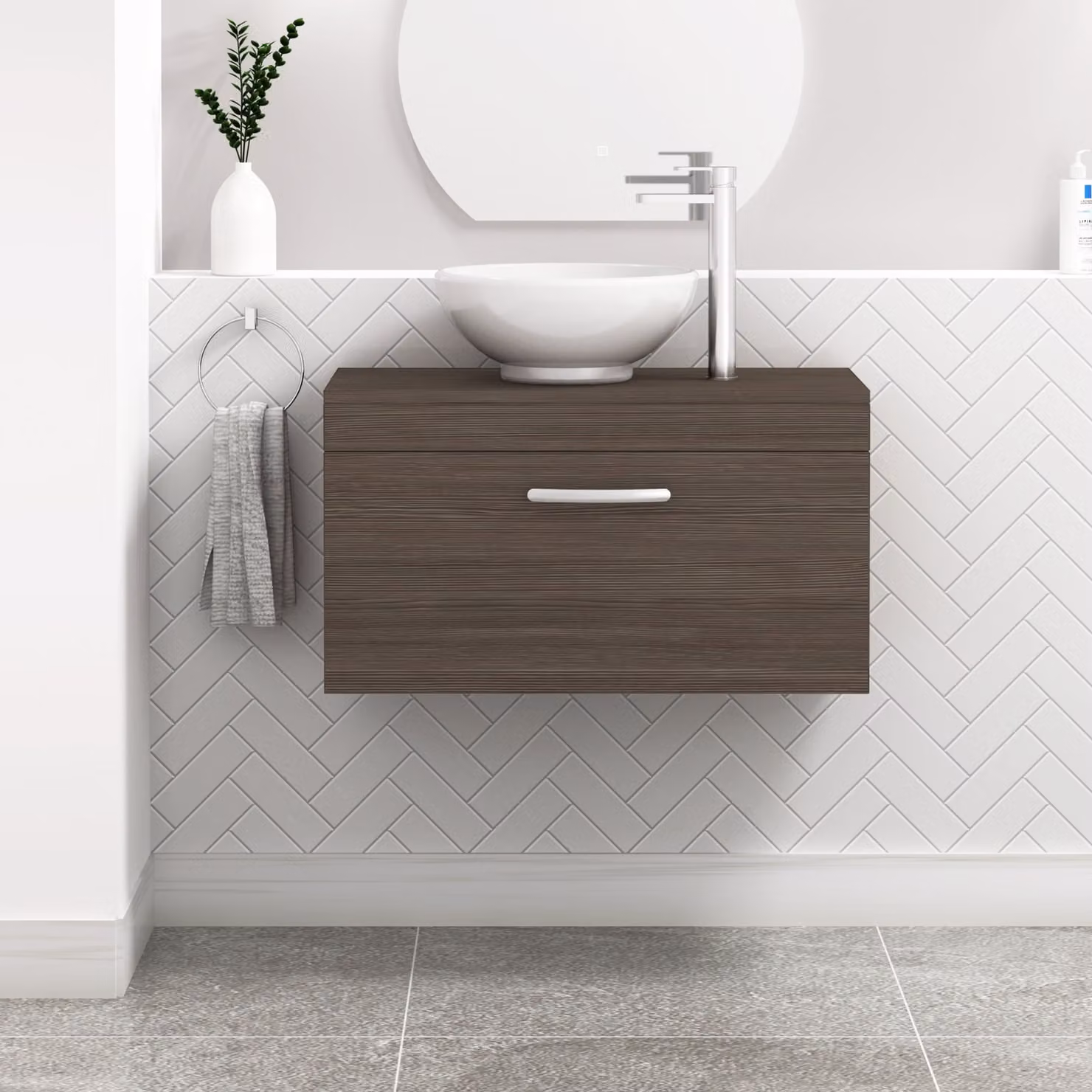 Royal Bathrooms Turin Wall Hung Vanity Unit with 1 Drawer, Grey Elm Matt Finish