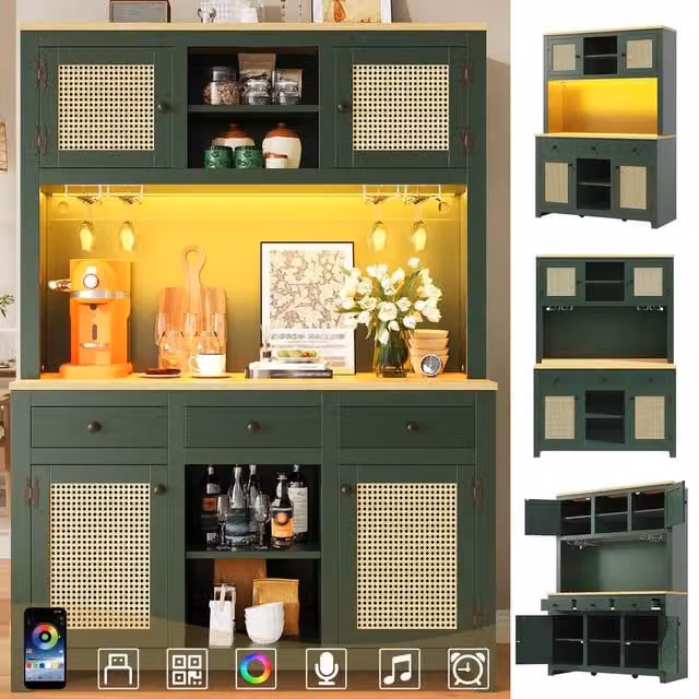 BTM Freestanding Rattan Tall Kitchen Cabinet with LED Lighting in Green, W/D/H: 60 x 40 x 180 cm