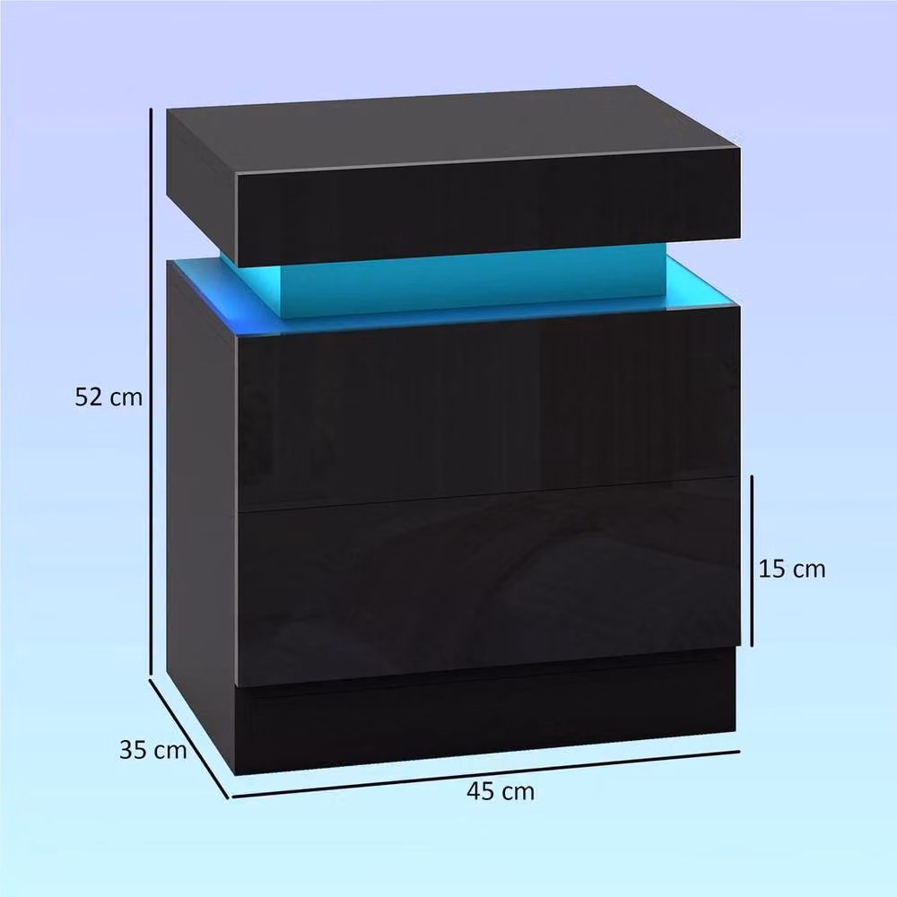 SPETLEK Set of 2 High Gloss Modern Bedside Tables with Integrated LED Lighting in Black – 2
