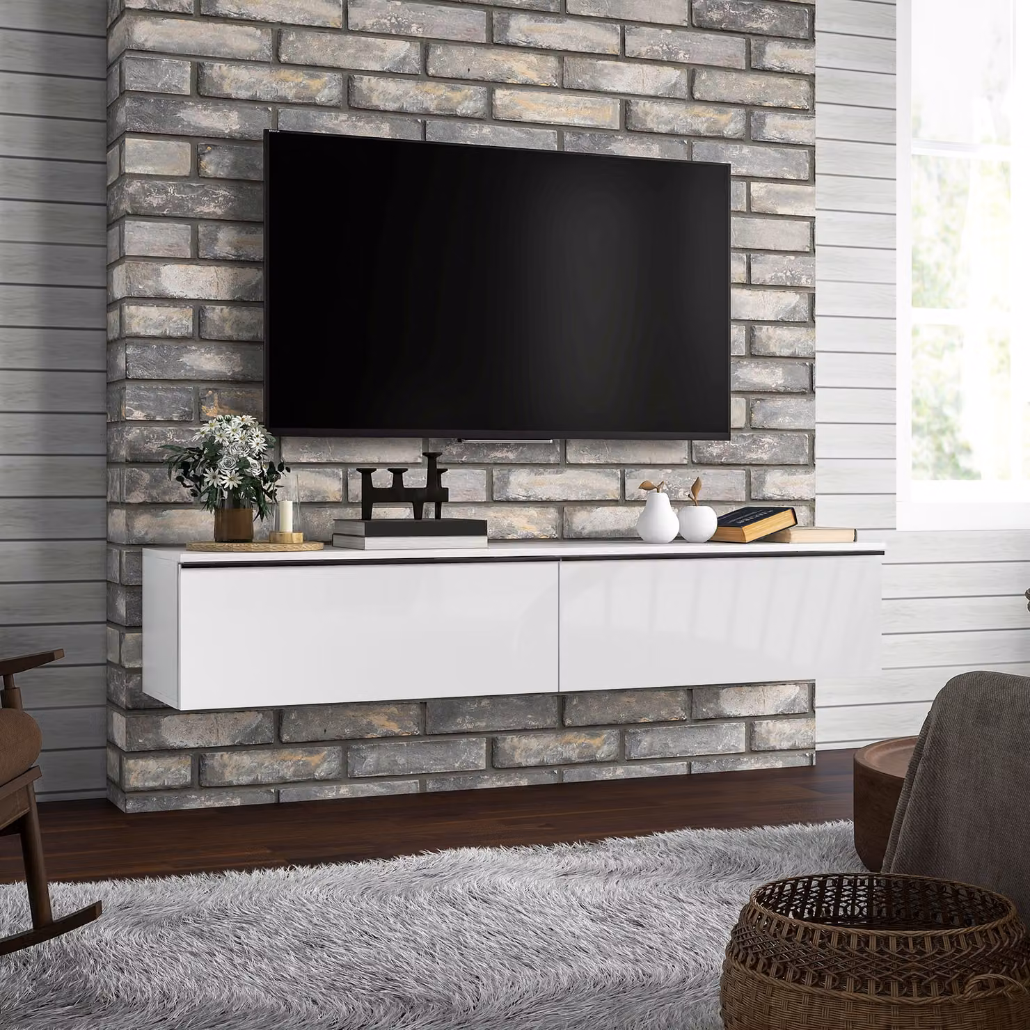 HOMCOM White High Gloss Floating TV Unit Stand for TVs up to 70 inch, Wall Mounted Modern TV Cabinet with Storage Cupboards, Width: 160 cm – 2