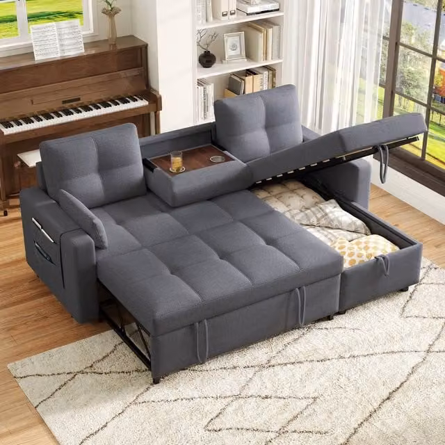 ModernLuxe Reversible L-Shape Sofa Bed in Grey with Pull Out Sleeper, Storage and Cup Holder
