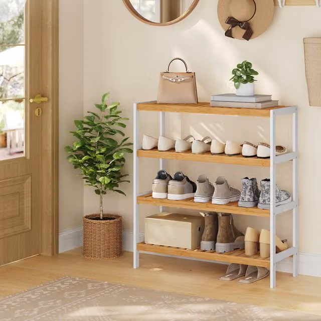 SONGMICS White and Natural Bamboo Shoe Rack