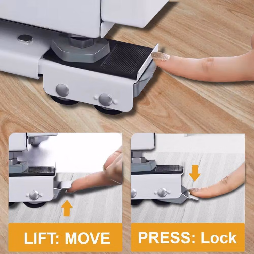ATEK Heavy Duty Adjustable Appliance Rollers in White with Brake, 300kg Load Capacity for Moving Fridges, Washing Machines and Dryers – 4