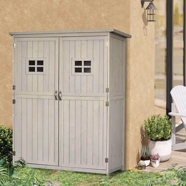 OUTSUNNY Grey Wooden Garden Tool Storage Cabinet with Double Doors, Window and Internal Shelving, W/D/H: 119.0 x 44.0 x 158.0 cm