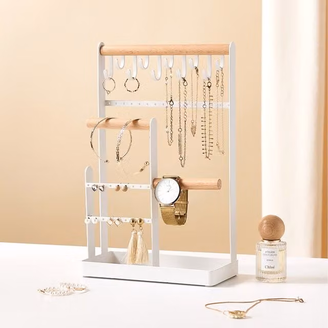 Garden Sanctuary White Jewellery Organizer Display Stand with Shelf in Wood and Metal